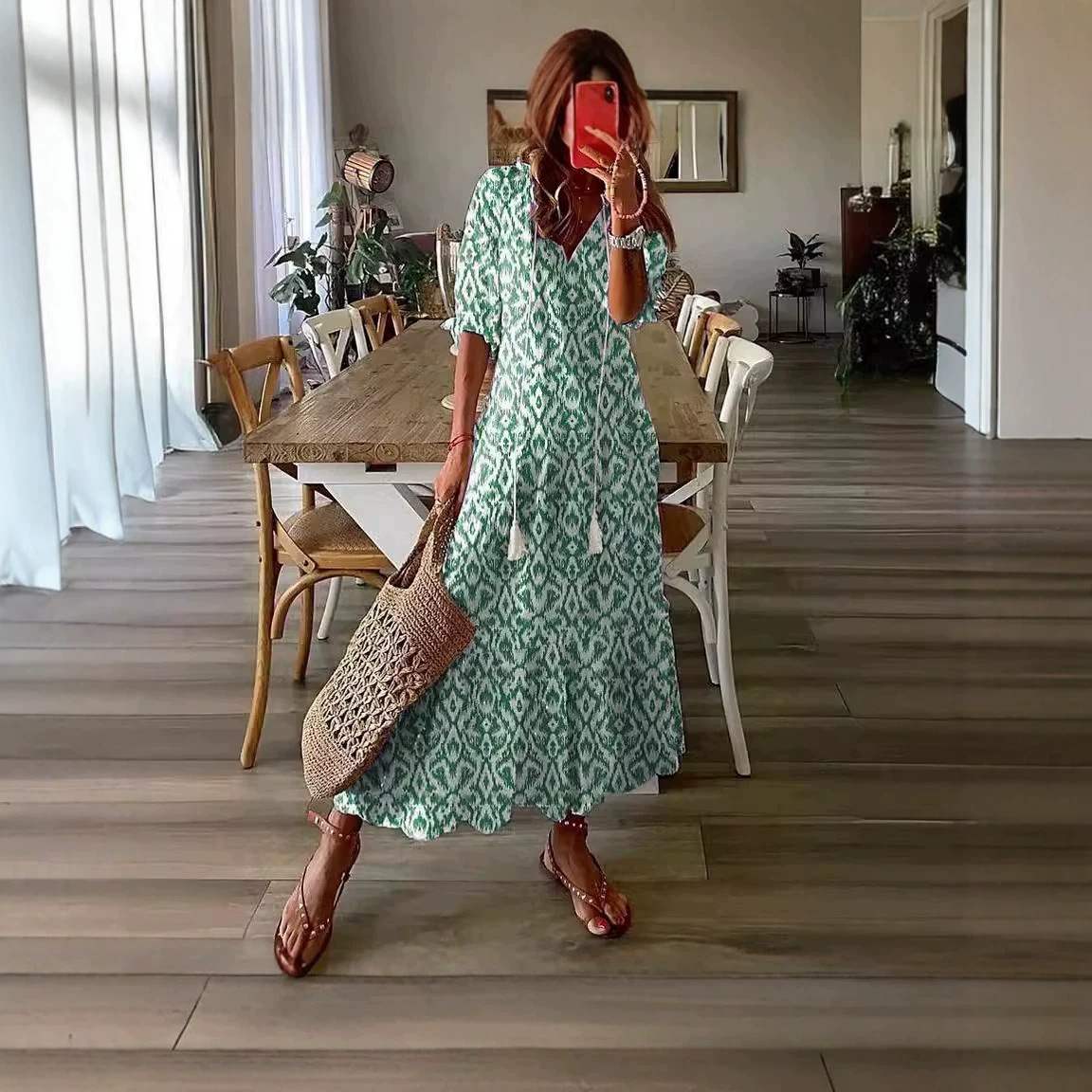 Casual Sweet Loose V-Neck Fringe Midi Long Dress