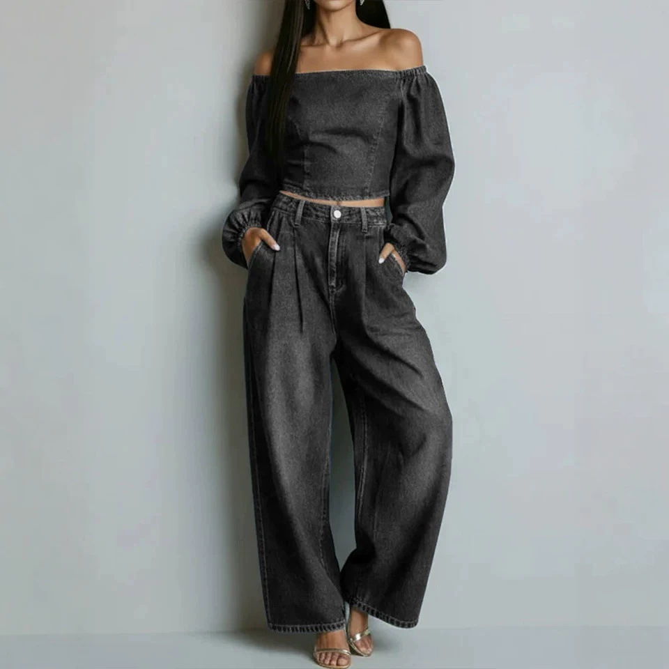 Faux Denim Two-Piece Set Long Sleeve Top & Pants Casual Loose Fit