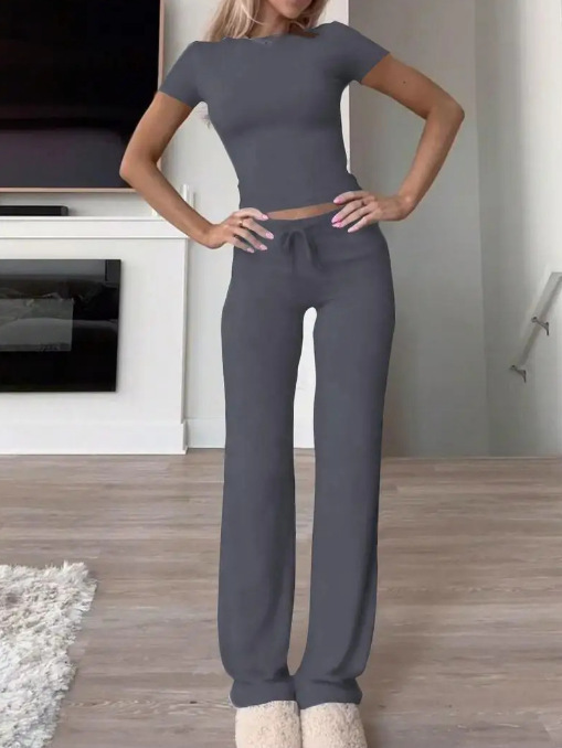 Women's Solid Color Long Pants and Short Sleeve T-Shirt Casual Two-Piece Set