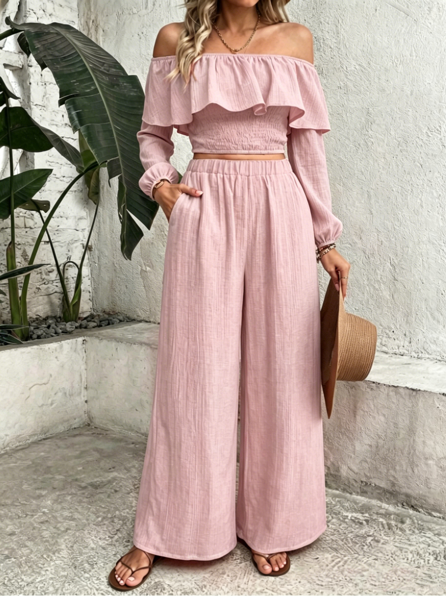 Women's Boho Off-Shoulder Ruffle Top & High-Waist Wide-Leg Pants Set