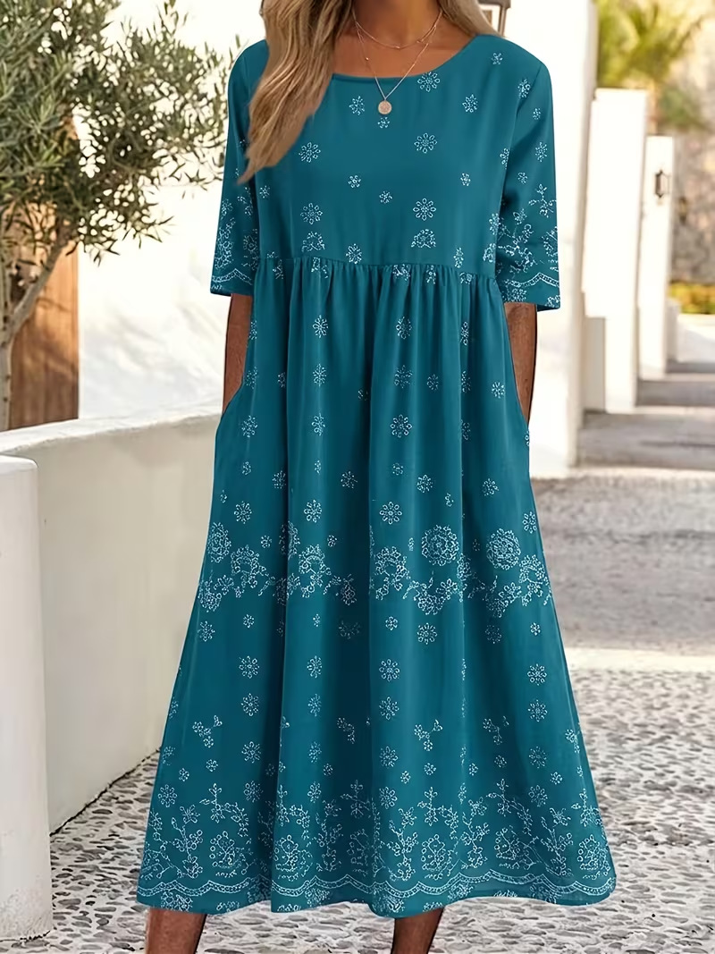 Women's Floral Print Ruched Midi Dress Round Neck Five-Sleeve Slim Fit