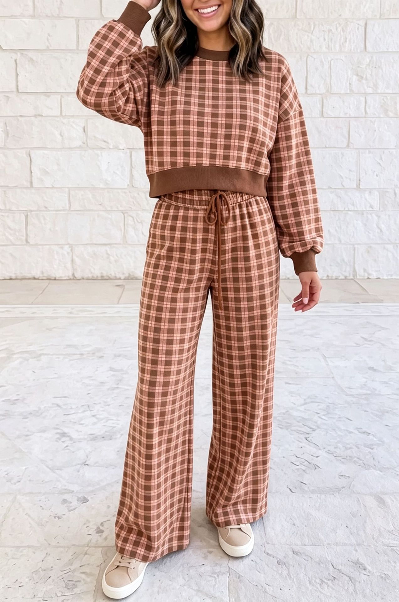 High-Waist Plaid Print Wide-Leg Two-Piece Pants Set