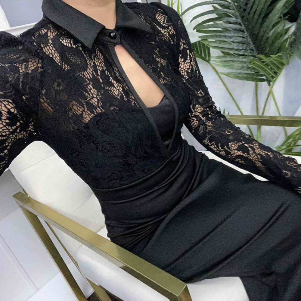 Women's Lace Panel Long Sleeve Bodycon Dress with Collar