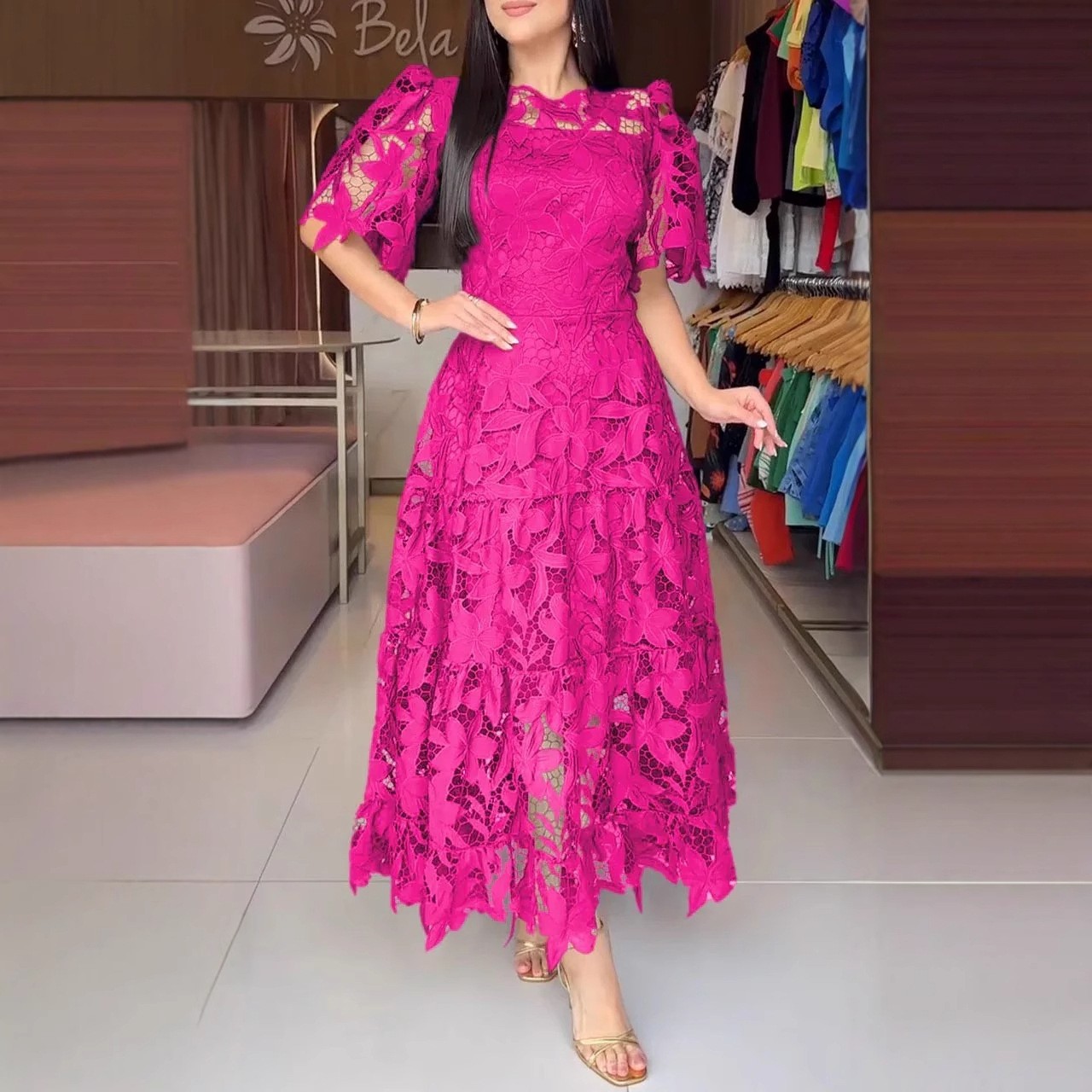 Women's Elegant Round Neck Hollow Lace Dress