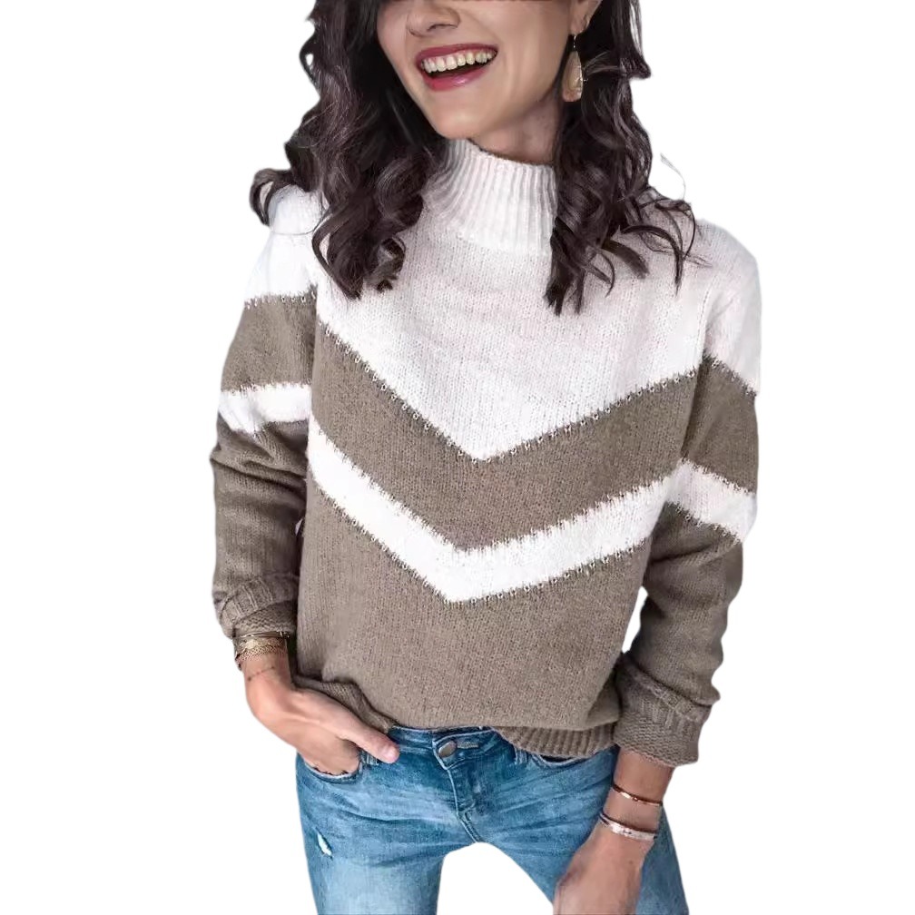 Women's Color-Block Knit Pullover Sweater with Half Turtleneck