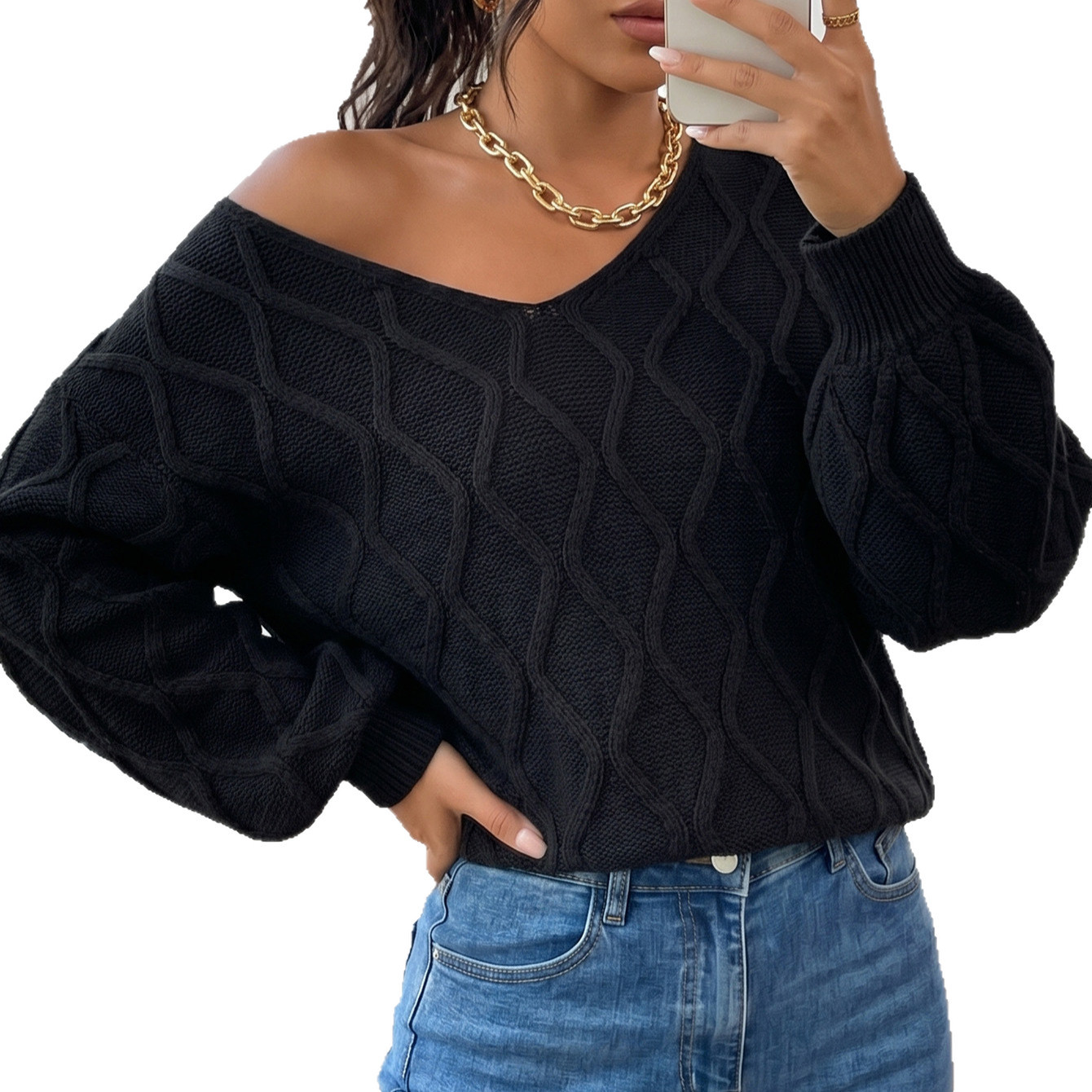 V-Neck Loose-Fit Knit Sweater for Women