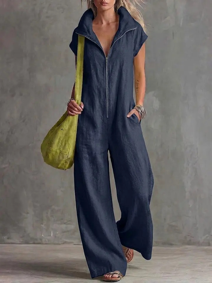 Women's Loose Linen Jumpsuit with Pockets Sleeveless Straight Leg