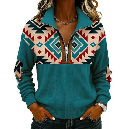 Retro Tribal Print Half-Zip Hoodie for Women