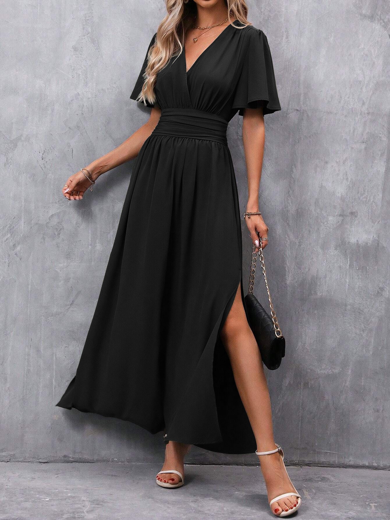 Elegant Flutter-Sleeve High-Slit A-Line Maxi Dress