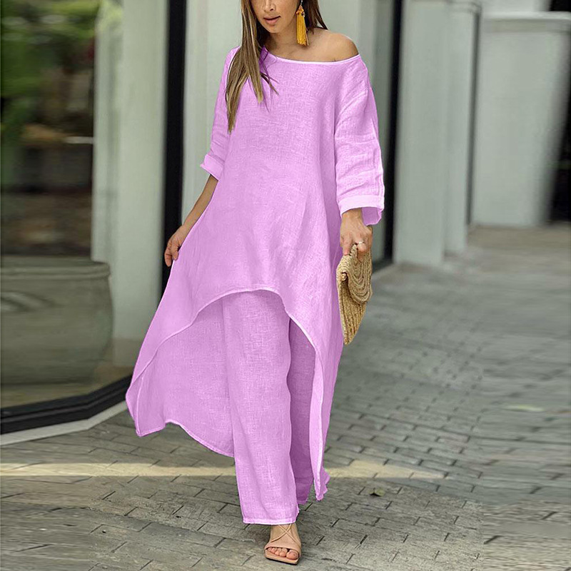 Women's Solid Color Loose Long Pants Set Casual Two-Piece
