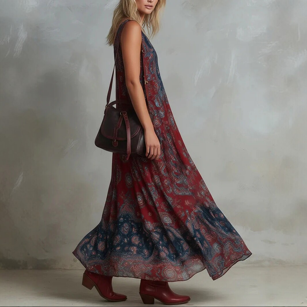 Bohemian Sleeveless V-Neck Printed Maxi Dress