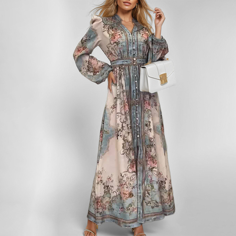 Women's V-Neck Floral Print A-Line Long Dress