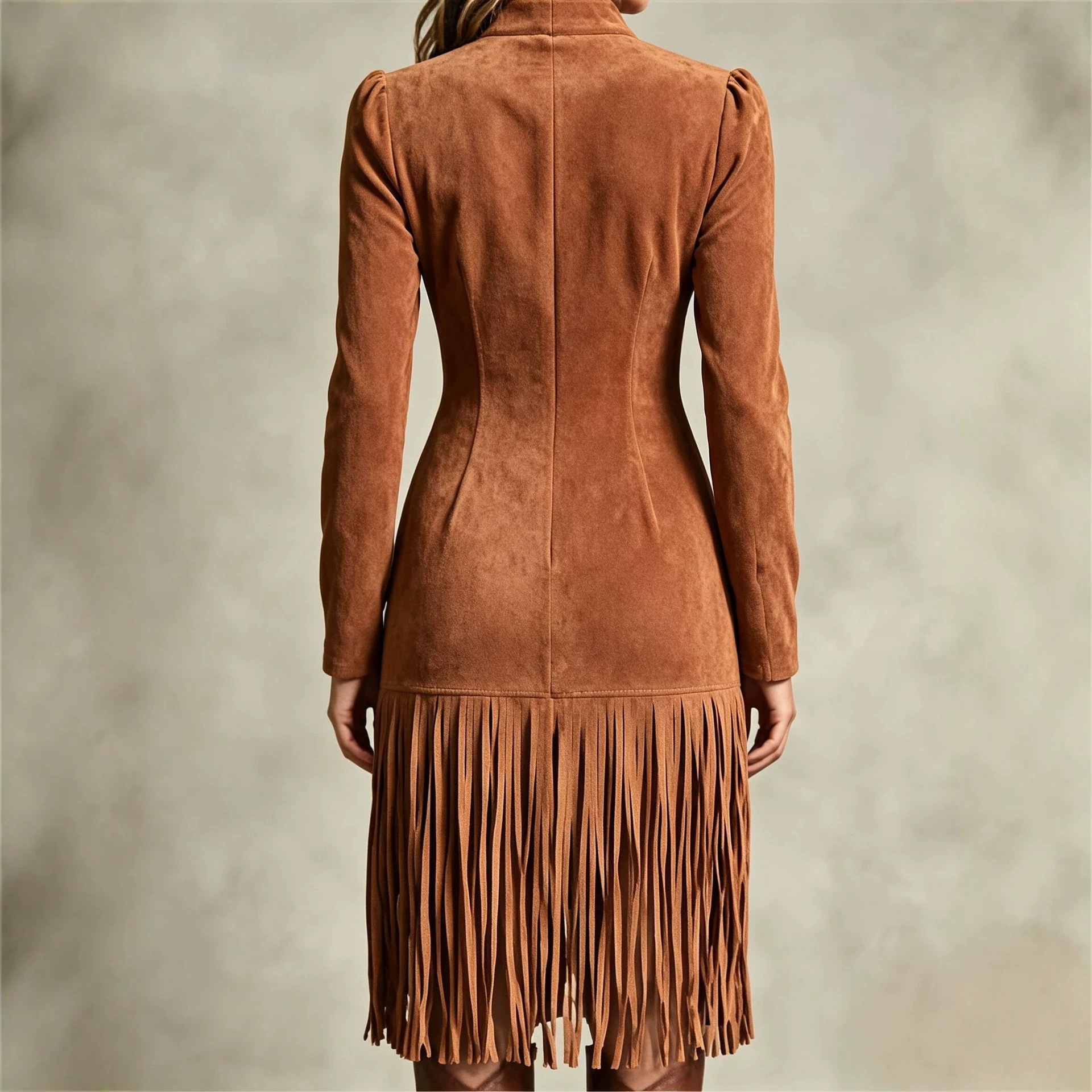Retro Faux Suede Fringe Dress with Pockets and Zip Hem