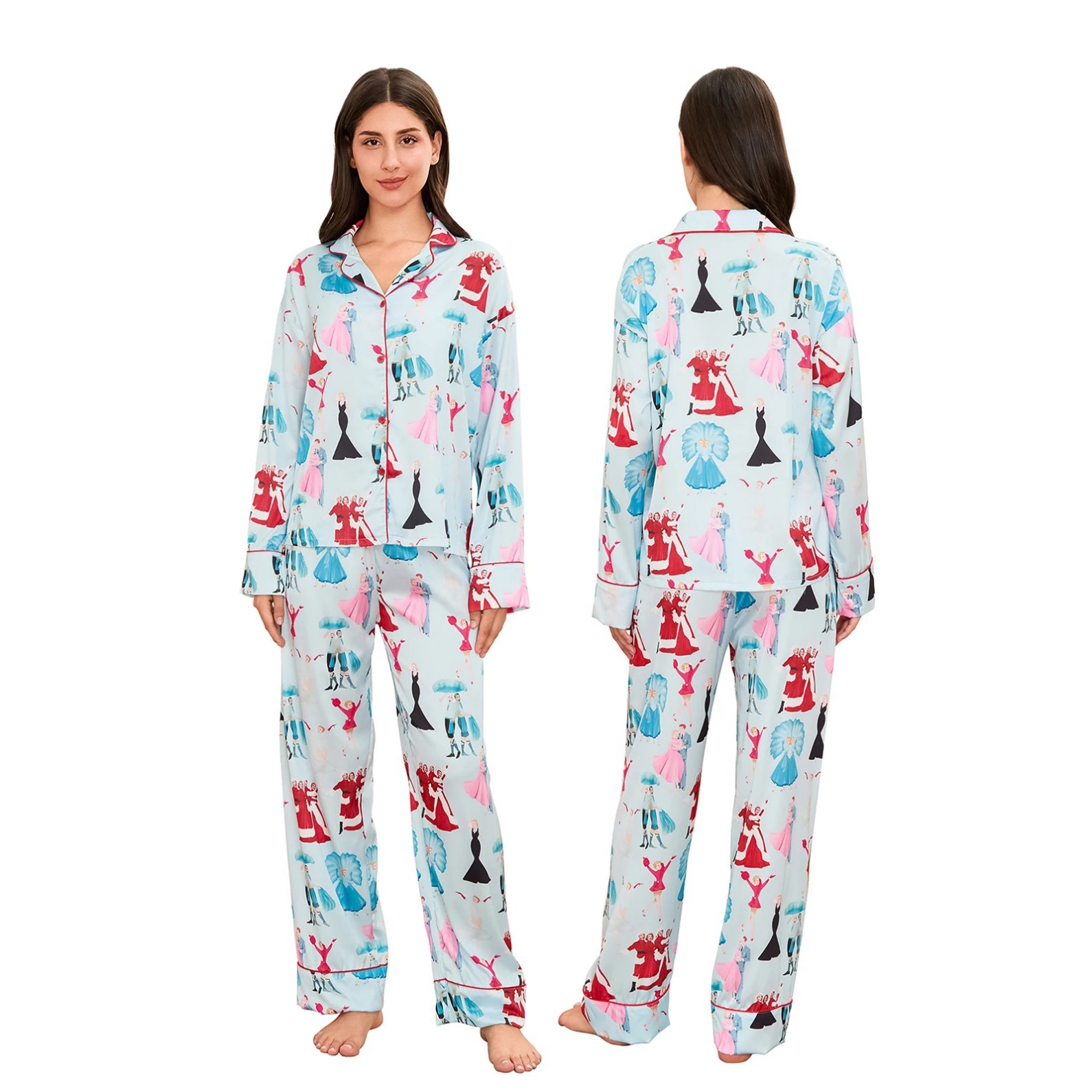 Women's Cuban Collar Animal Print Long Sleeve Top Set