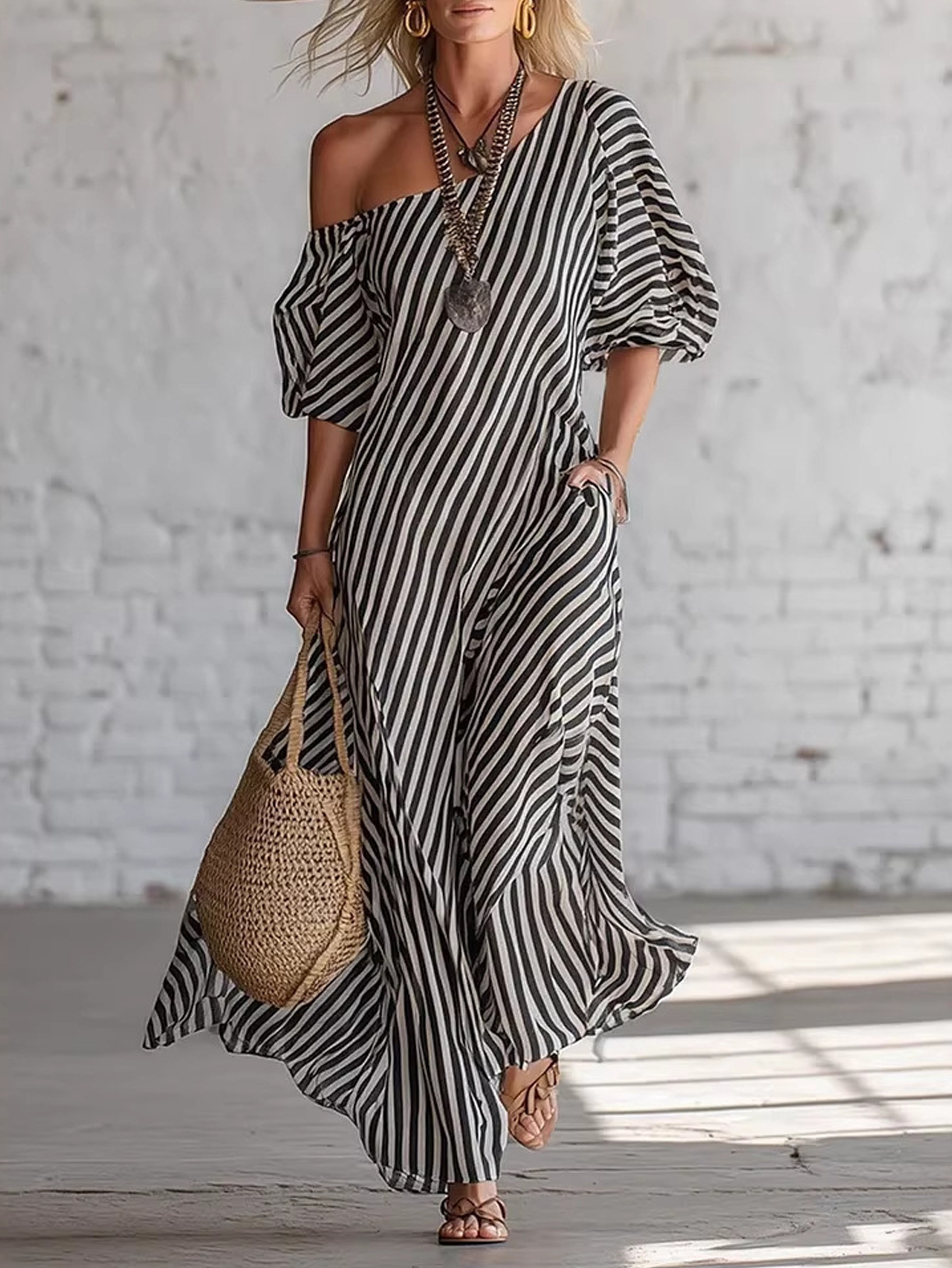 Striped Off-Shoulder Long Dress