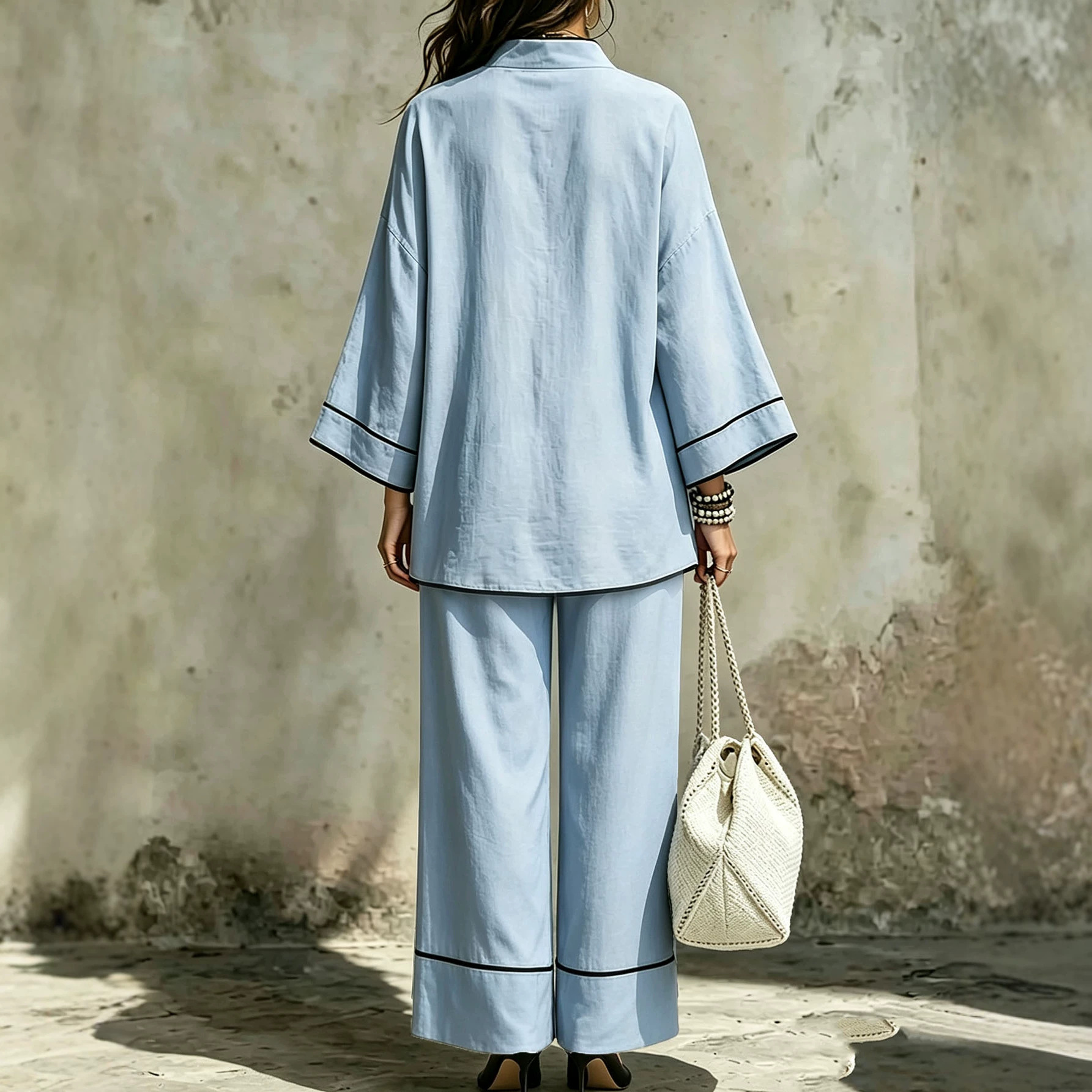 Women's Casual Two-Piece Set Long Sleeve V-Neck Colorblock T-Shirt and Pants