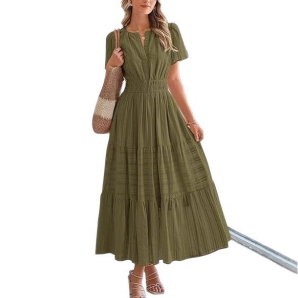 Women's V-Neck Ruffle Bubble Sleeve Layered Maxi Dress