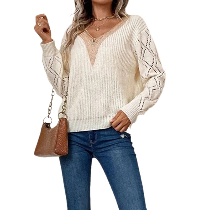 Women's Lace Trim V-Neck Long Sleeve Pullover Knit Sweater