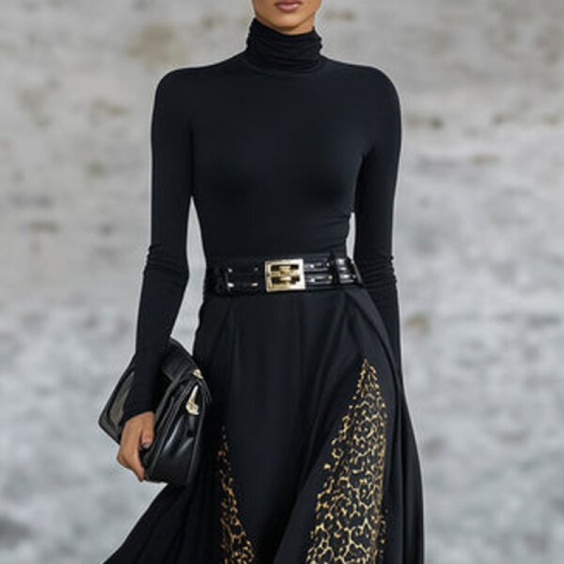 Black Leopard Print Panel Long Sleeve Dress