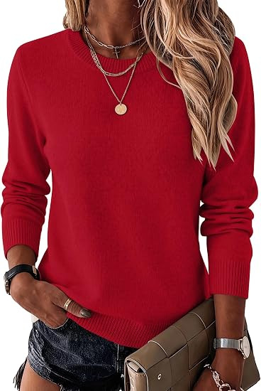 Women's Crewneck Knit Sweater Solid Color Pullover Long Sleeve