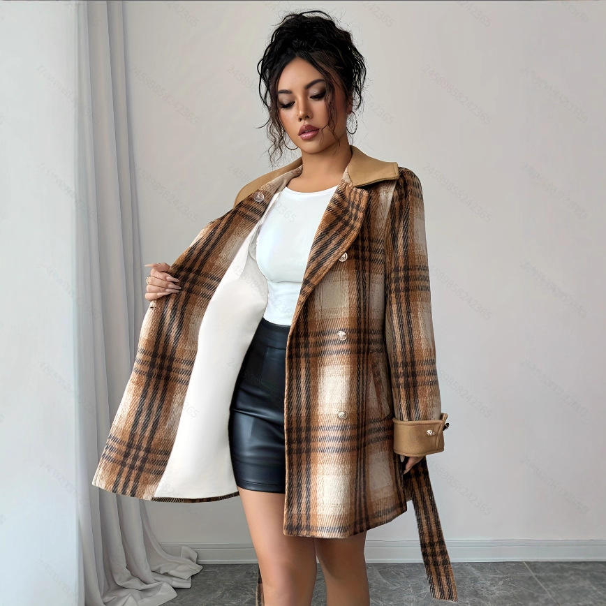 Women's Khaki Plaid Asymmetric Collar Double-Breasted Two-Pocket 2-in-1 Paneled Lapel Winter Coat