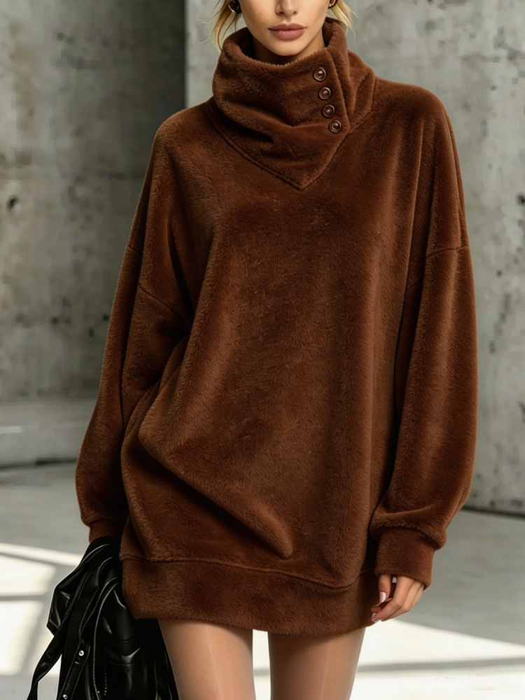 American Retro Button-Front Fleece Hoodie Women's Loose Mid-Length