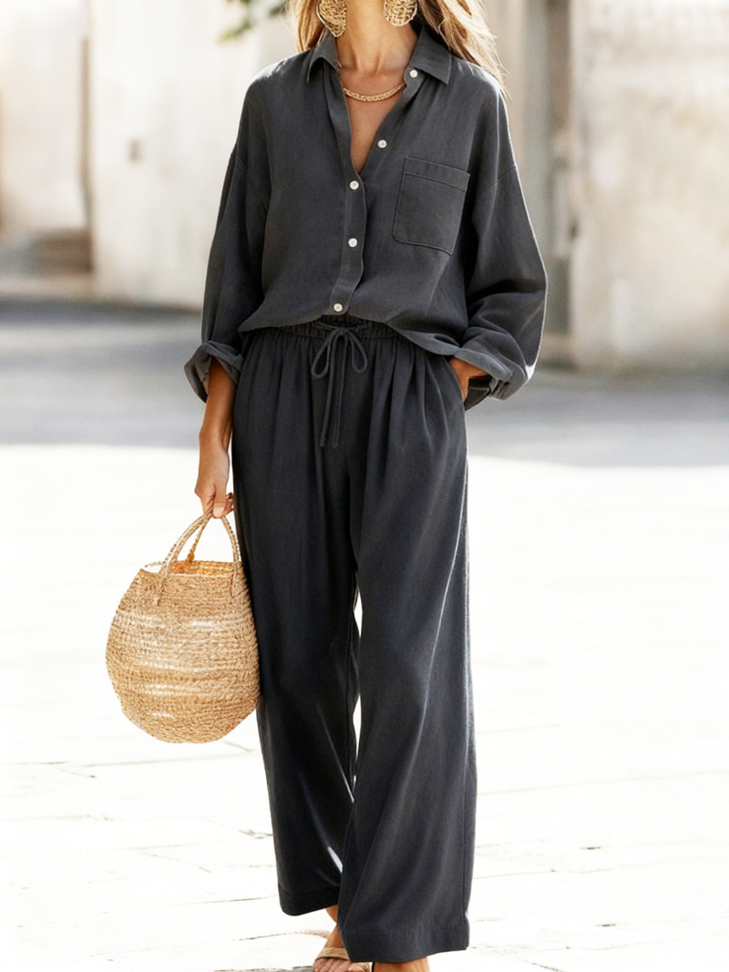 Women's Solid Color Faux Linen Long Sleeve Loose Top Set