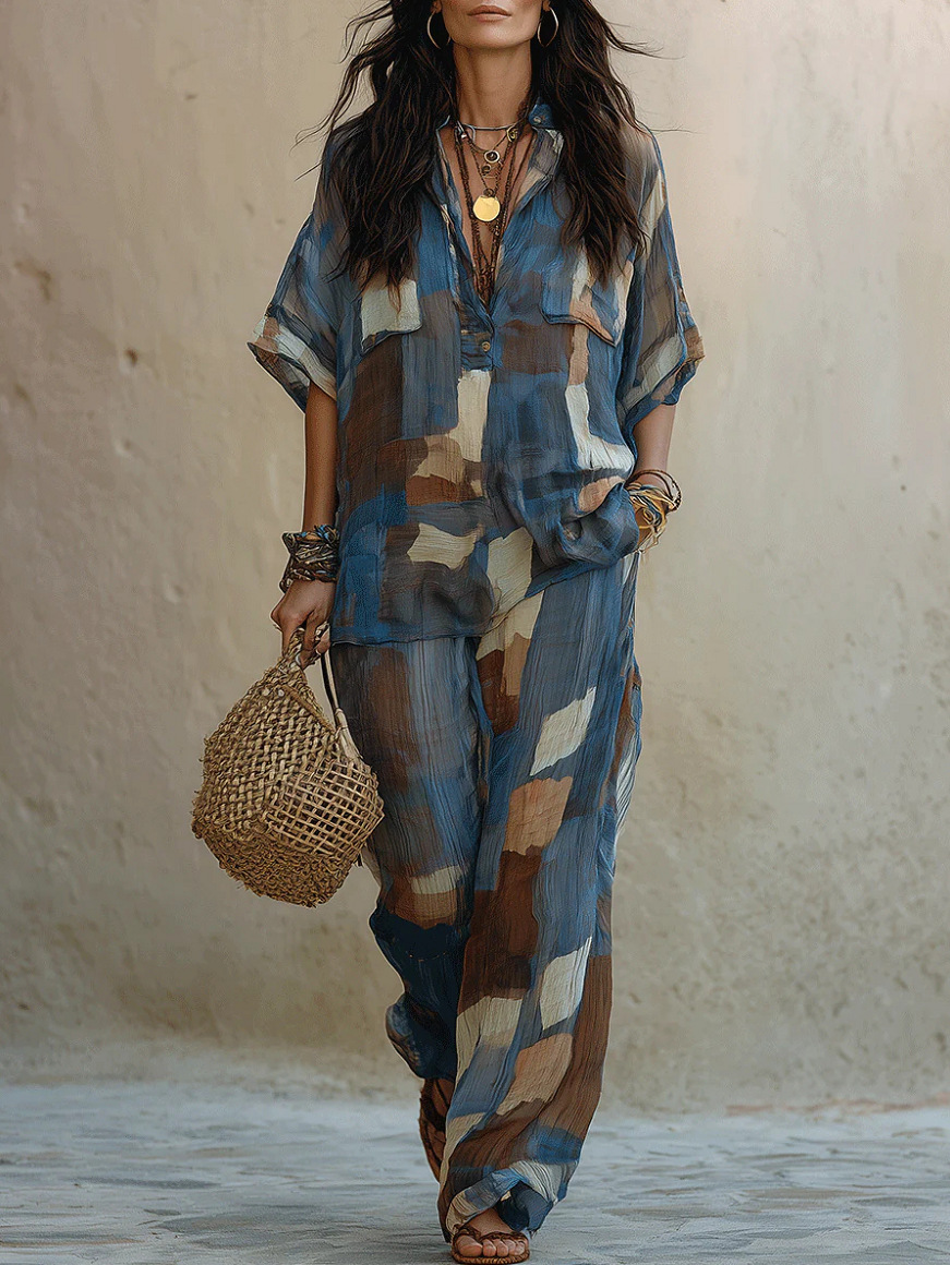 Women's Printed Two-Piece Wide-Leg Pants Set Casual Streetwear