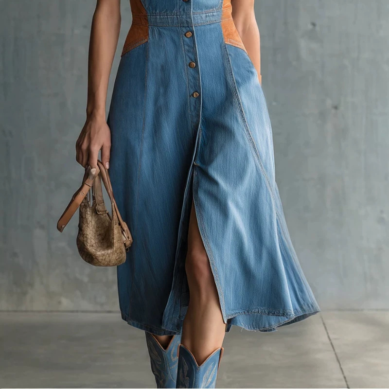 Women's Western Style Solid Denim Dress with Shirt Collar and Pockets