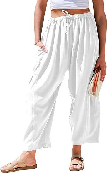 Women's Cotton-Linen Straight-Leg Cropped Pants with Elastic Waist and Pleats, Breathable Casual