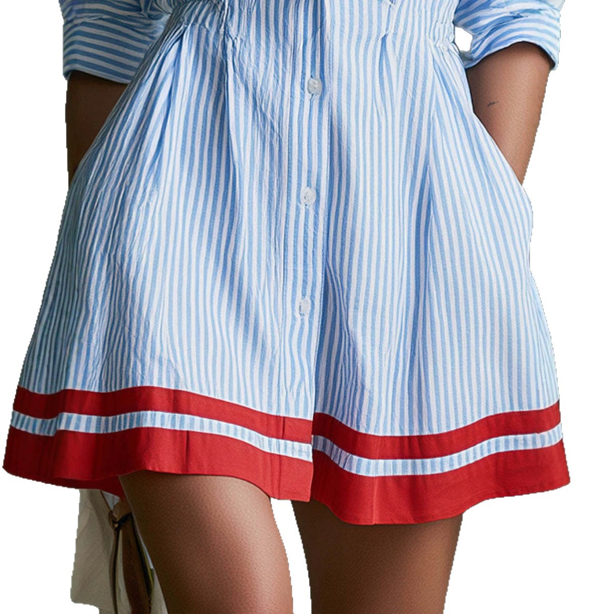 Striped Waist-Cinched A-Line Shirt Dress with Contrast Trim, Navy Style Short Dress