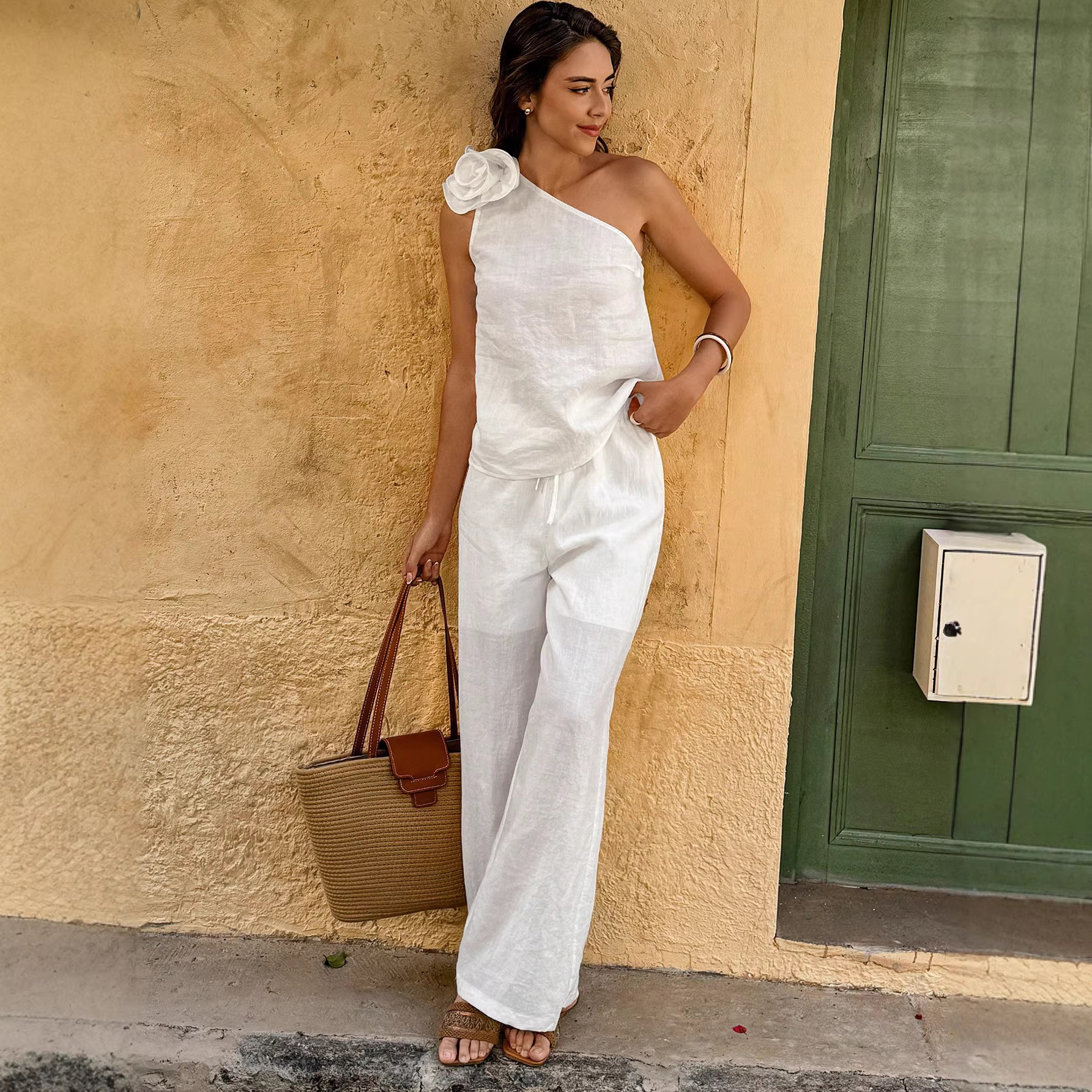 Women's One-Shoulder Sleeveless Fitted Top and Wide-Leg Pants Set
