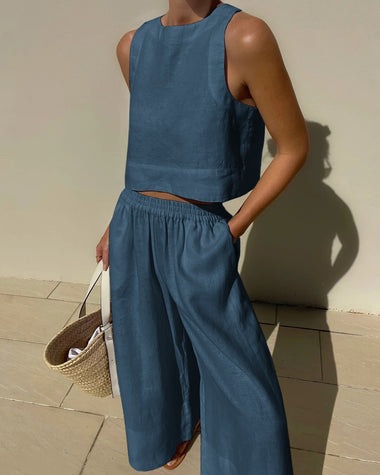 Women's Sleeveless Cotton-Linen Wide-Leg Pants and Tank Set