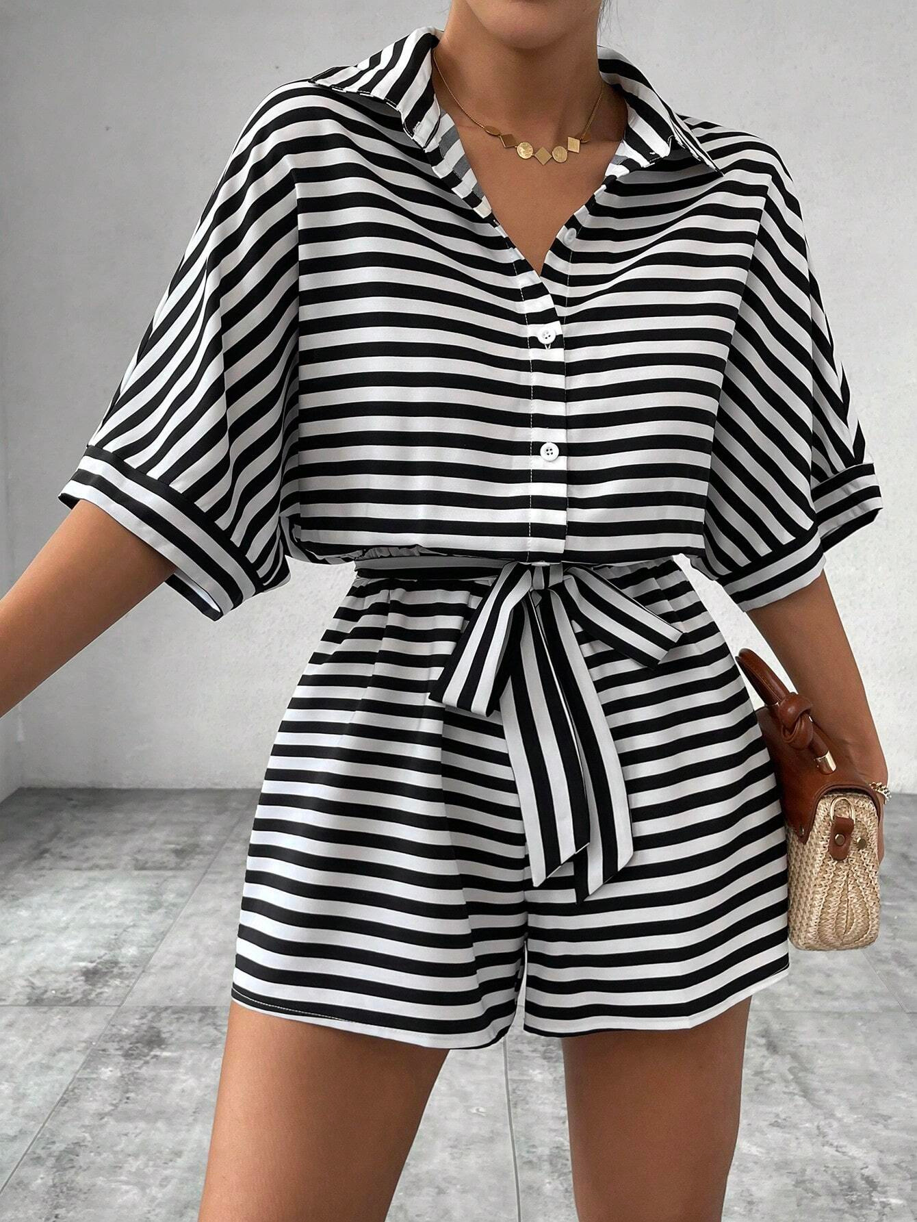 Striped Collared Button-Front Midi Sleeve Belted Shorts Romper for Women