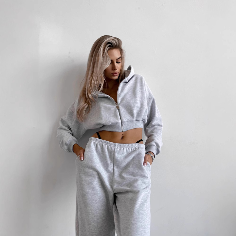 Women's Solid Color Hooded Cardigan Sweatshirt and Jogger Pants Two-Piece Set