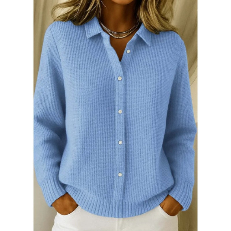 Women's Collared Button-Front Cardigan Sweater, Solid 3D Print Knit, Loose Fit