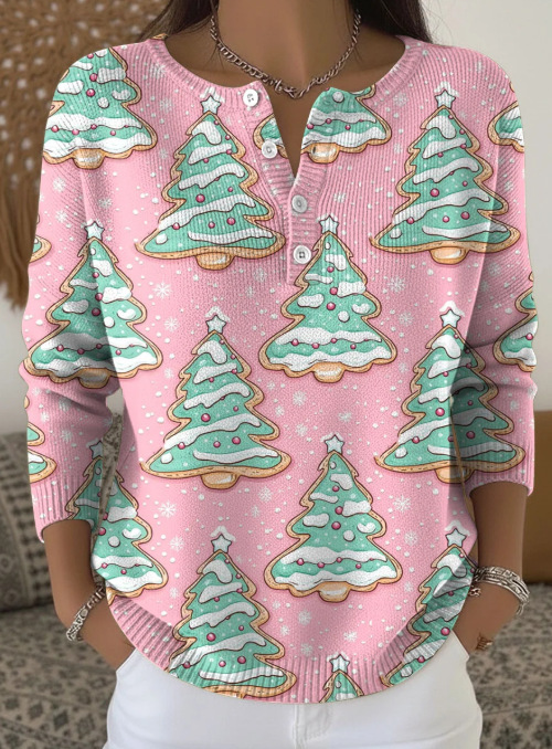 Women's Christmas Tree Snowman Scarf Print Button Sweatshirt