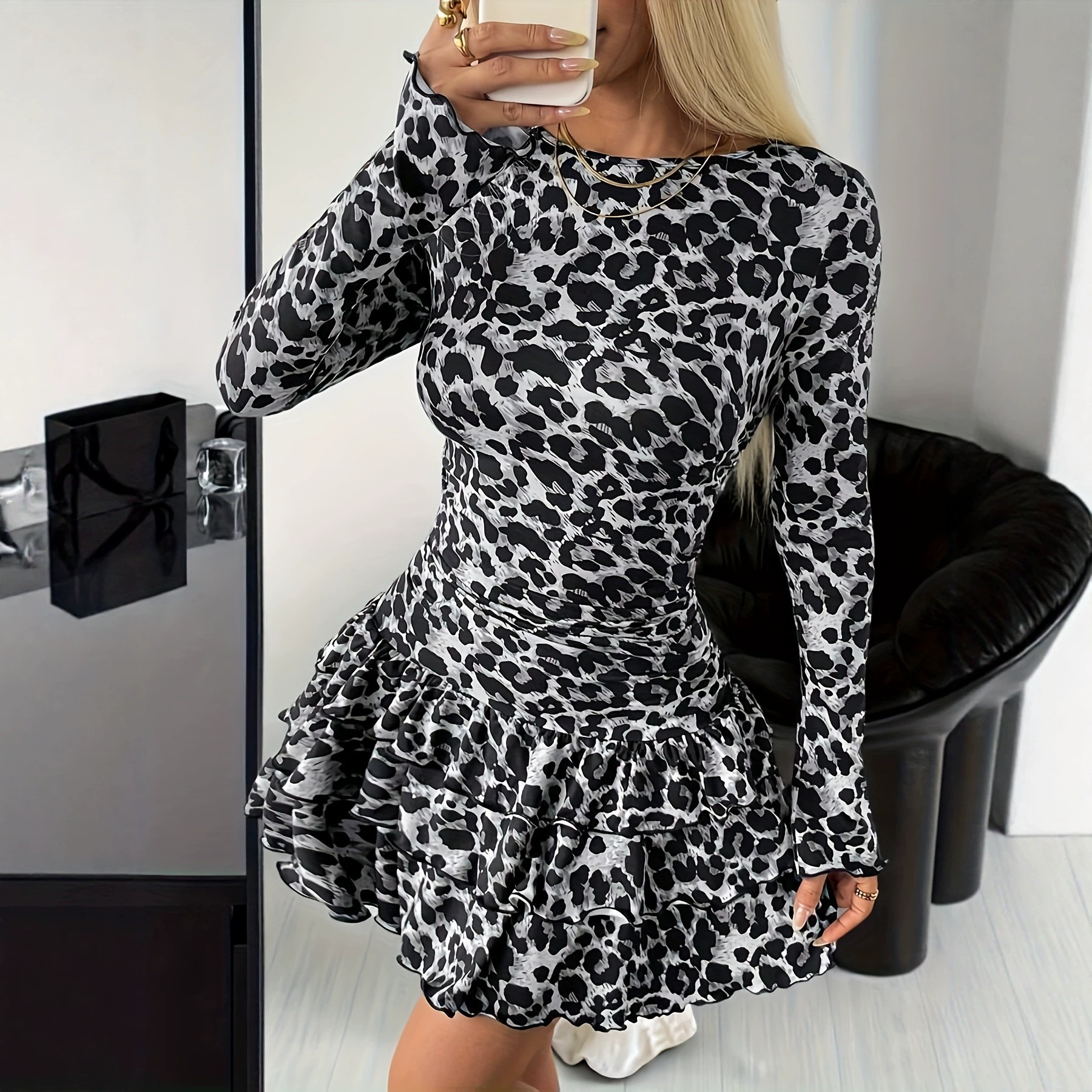 Polka Dot Long Sleeve Round Neck Ruffle Hem Mini Dress