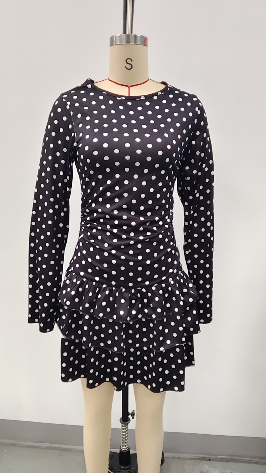 Polka Dot Long Sleeve Round Neck Ruffle Hem Mini Dress
