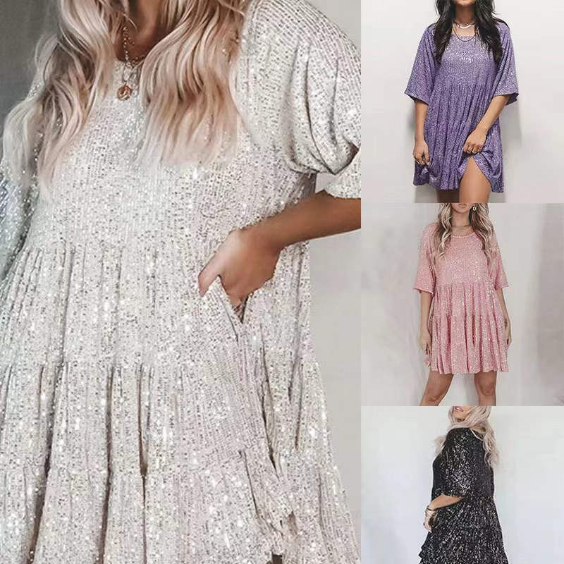 Sequin Round Neck Loose Short Sleeve Midi Dress for Parties and Evening