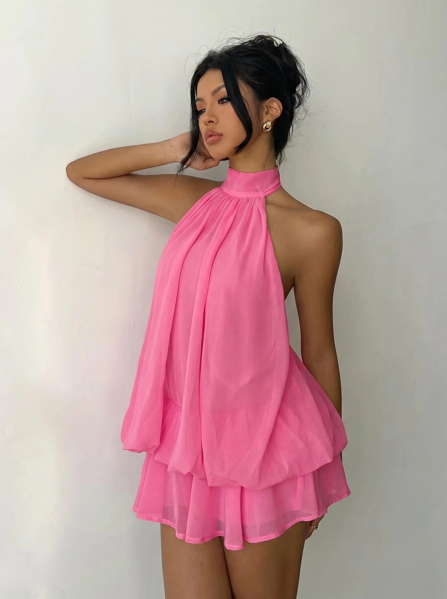 Women's Halter Neck Chiffon Dress High Waist A-Line Mini Vacation Dress