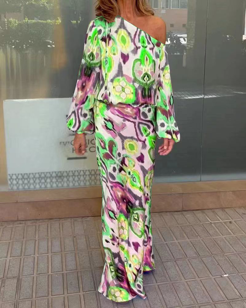 Women's Floral Print Long Sleeve Off-Shoulder Top and Mermaid Maxi Skirt Set