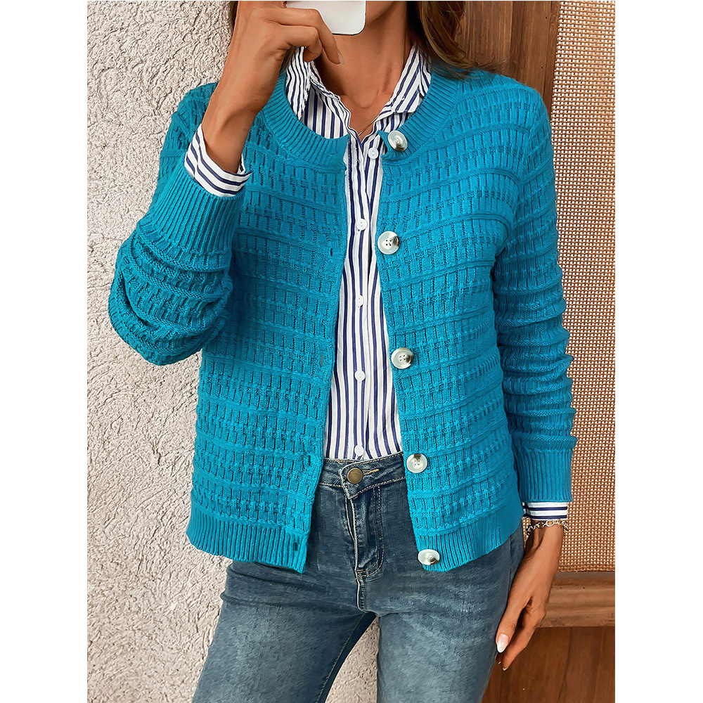 Women's Solid Color Crewneck Knit Cardigan Sweater