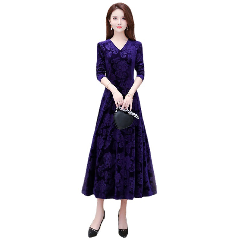 Velvet V-Neck Long Sleeve A-Line Maxi Dress