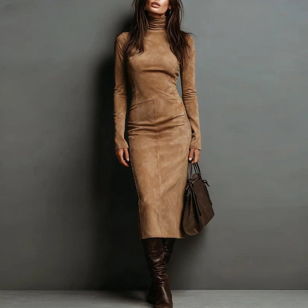 Women's Slim Fit Long Sleeve Bodycon Midi Dress Half Turtleneck