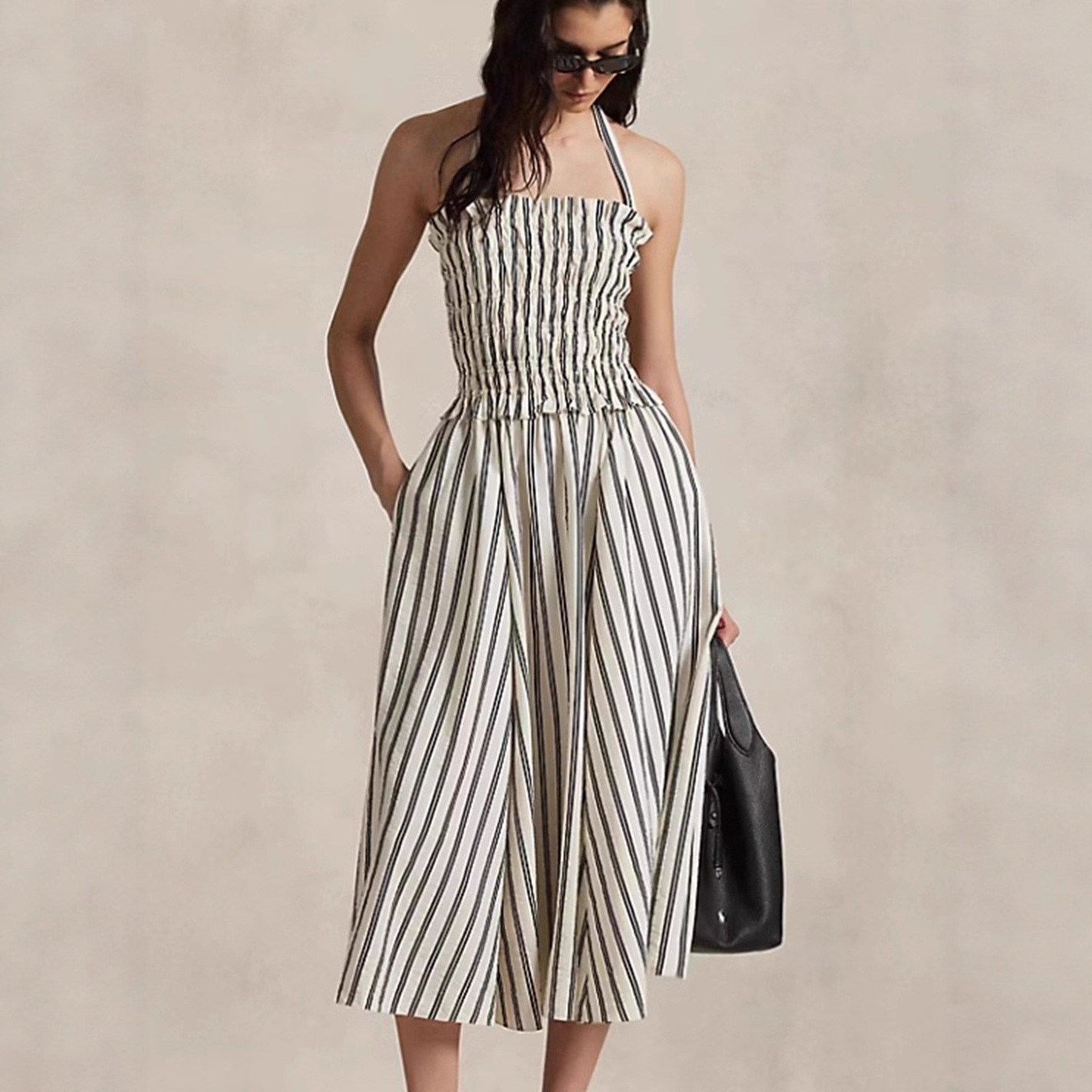 Women's French Striped Off-Shoulder Halter Sleeveless Waist-Cinching Slimming Dress