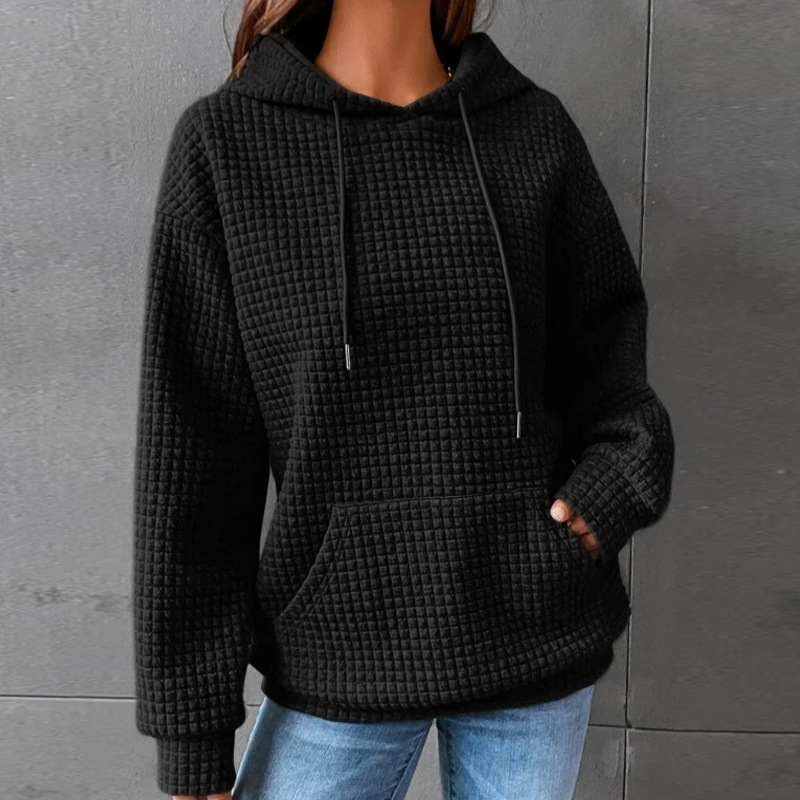 Women's Oversized Pullover Hoodie with Drawstring, Drop Shoulder, Kangaroo Pocket, Waffle Knit