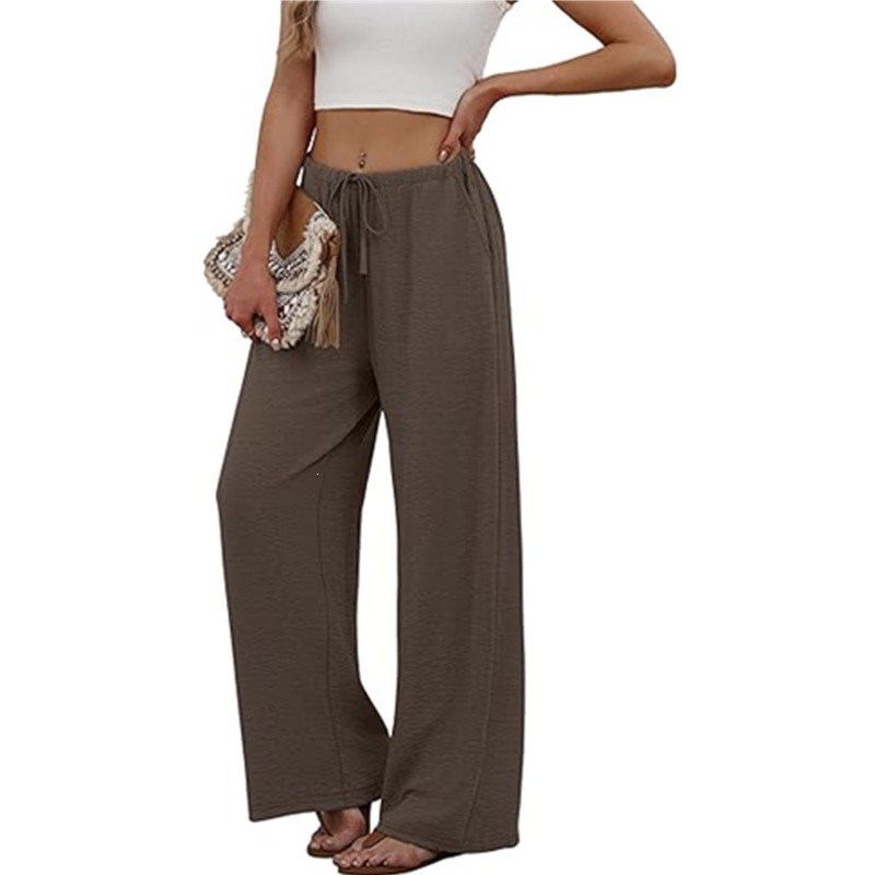 Women's Solid Color Elastic Waist Wide-Leg Beach Pants with Pockets
