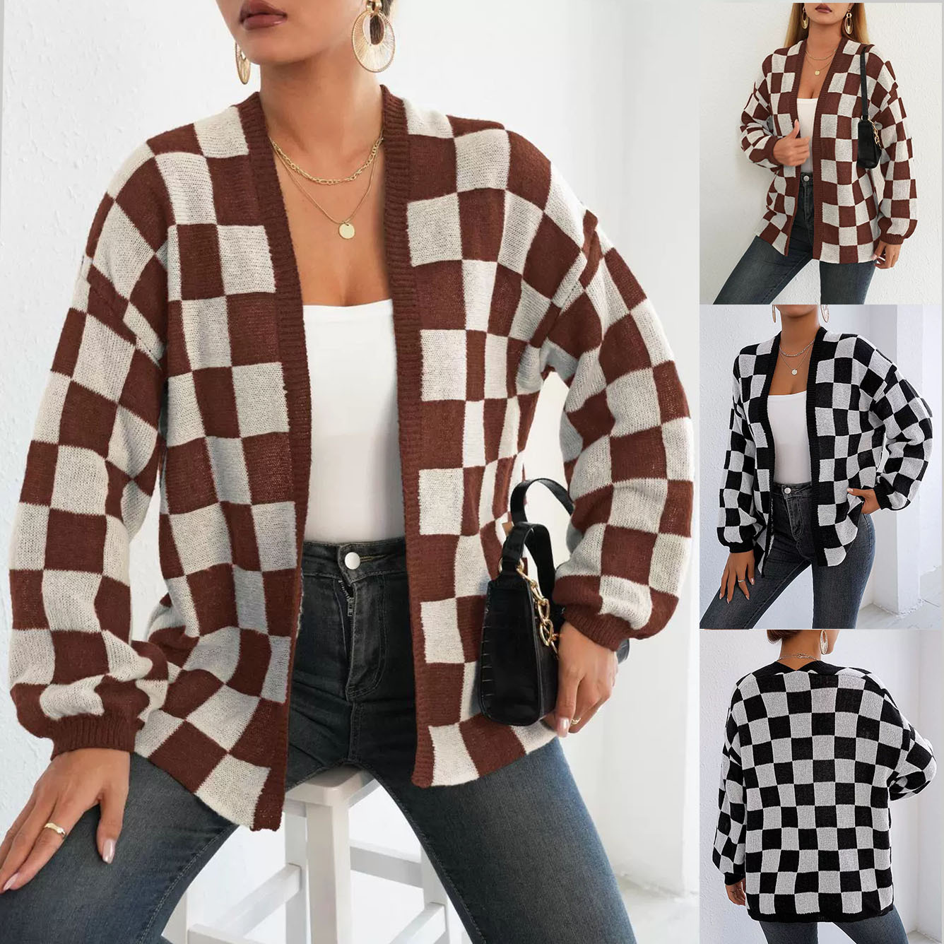 Checkered Open-Front Cardigan Sweater Coat