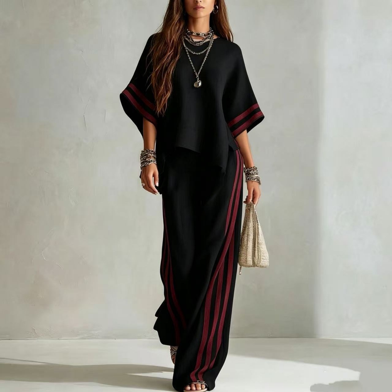 Women's Striped Two-Piece Wide-Leg Pants Set Casual Colorblock